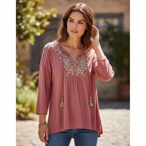 J Jill Embroidered Tunic Top Blouse Small Pink V Neck Tassel Detail Casual